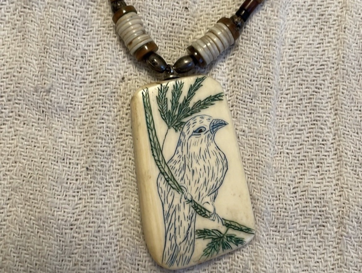 Bird On Fir Tree 1.5” Scrimshaw Necklace Vintage Heishi & Silver Tube beads 17”