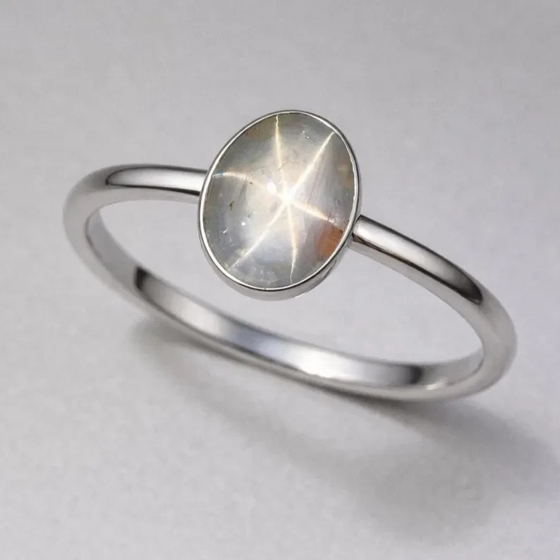 Natural White Star Sapphire Ring 925 Sterling Silver Minimalist Ring