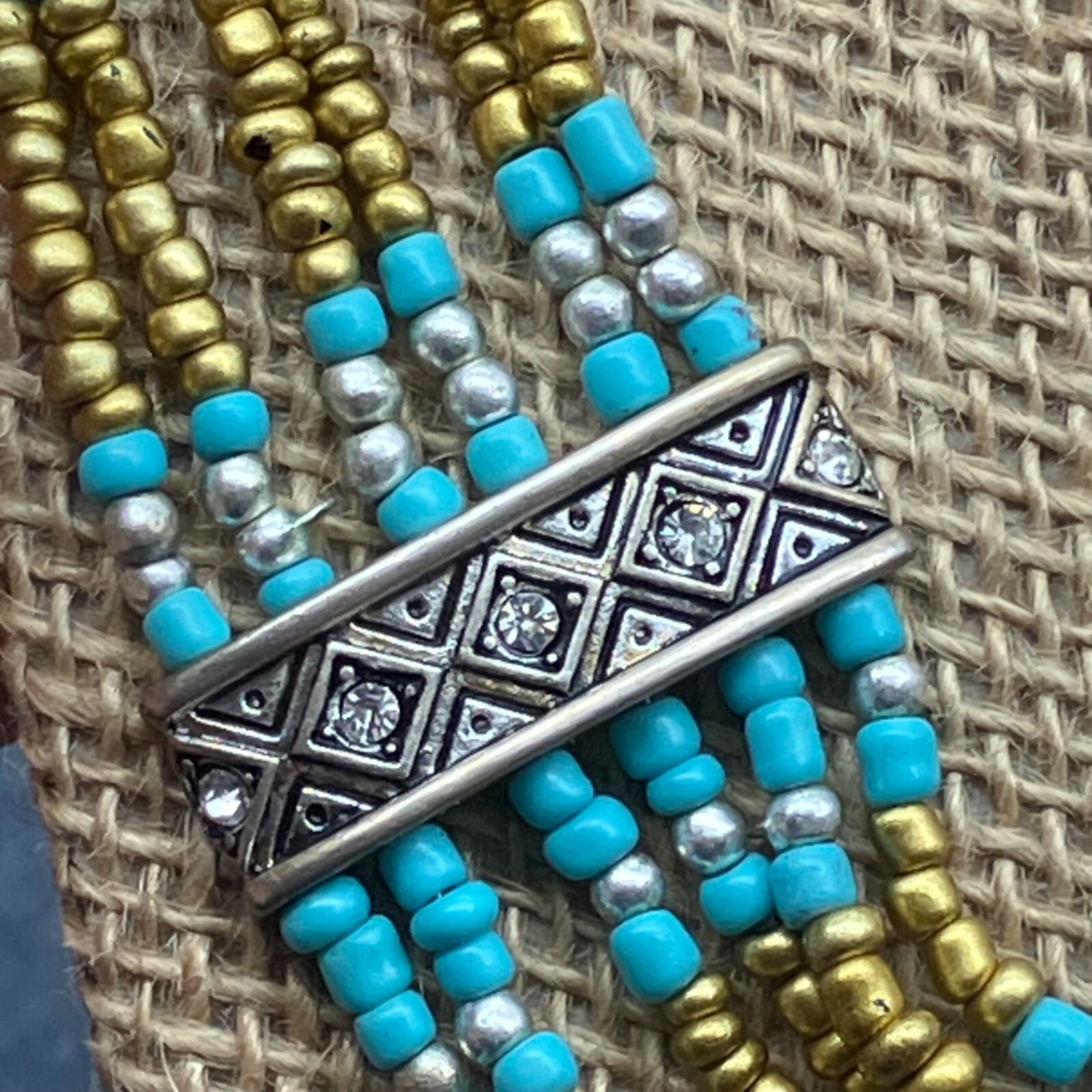 Bohemian Multi-Strand Necklace 19 In Tribal Rhinestone Turquoise Beaded Chain