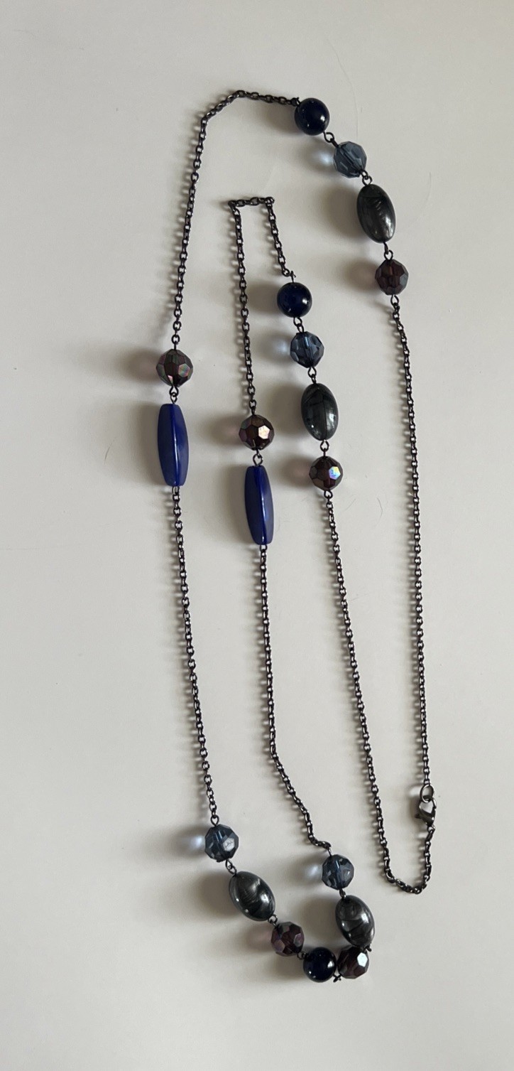 Vintage Long Necklace Blue Glass Beads Stones Different Shapes & Hues 46” Long