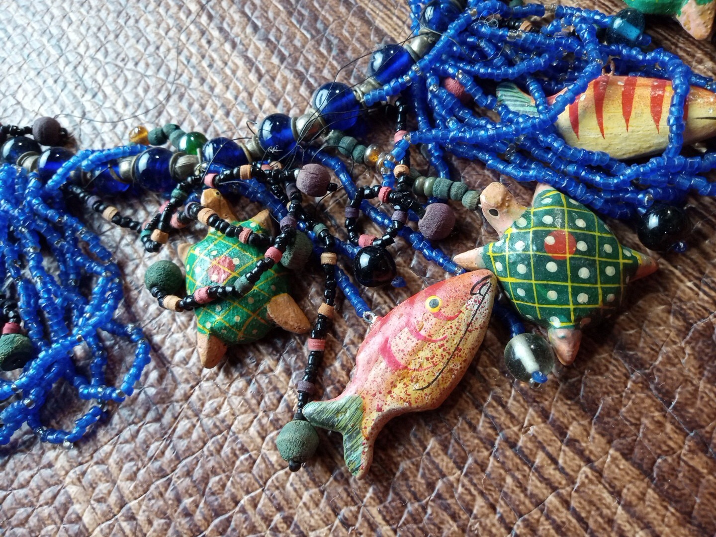 Vtg Boho Necklace Hand Painted Fish Turtles Intricately Beaded Looped Dangles