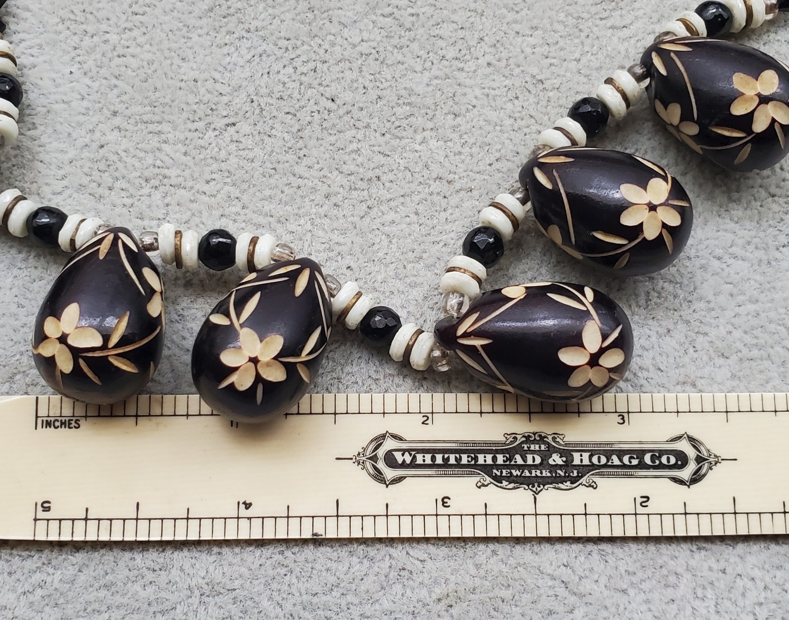 Vintage Deco Carved Floral Wood Egg Bead & Glass Disc Bicone Necklace