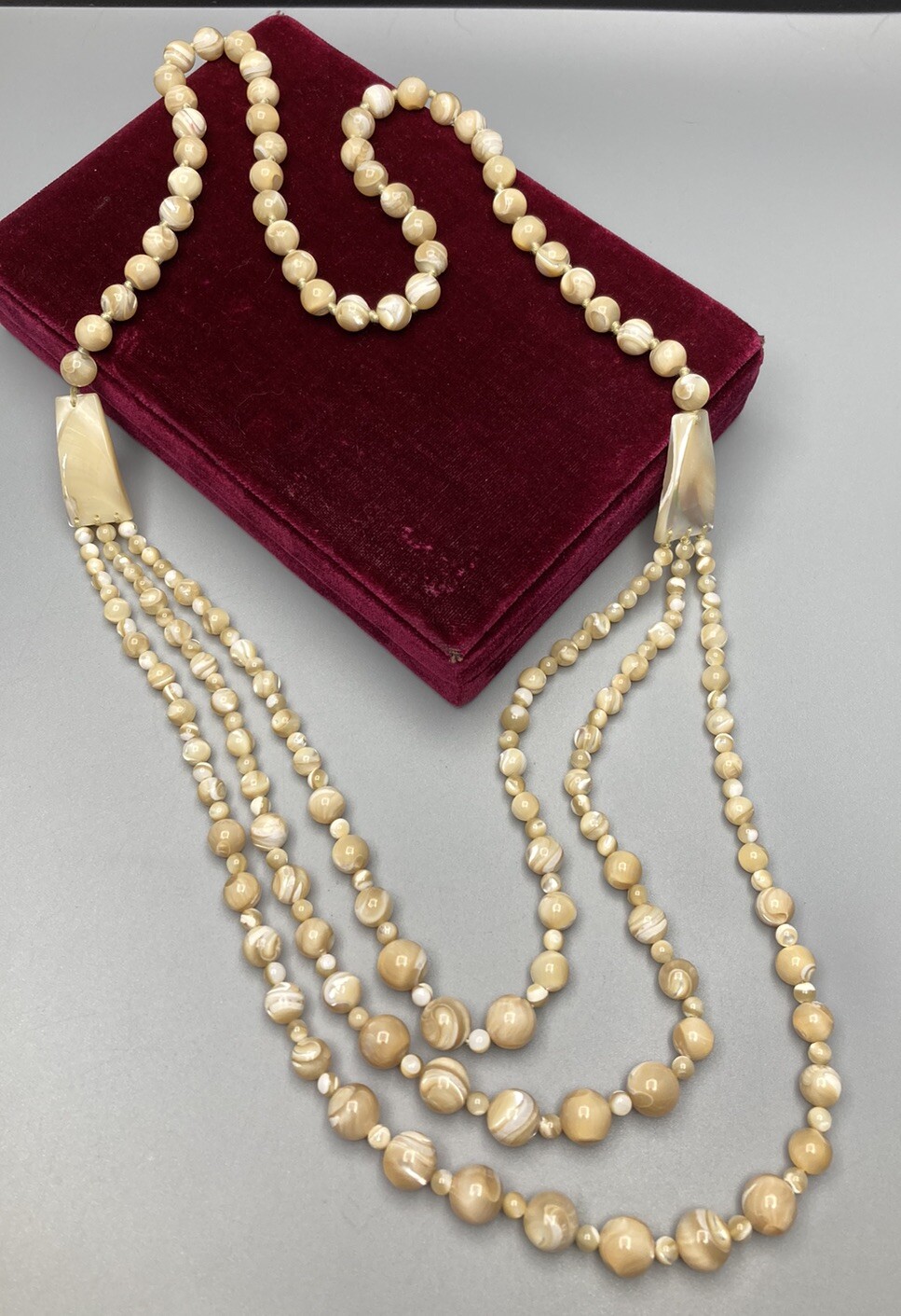 Mother of Pearl Necklace 3 Strand VTG Hand Knotted No Clasp 28.5in 97g 2” Drop