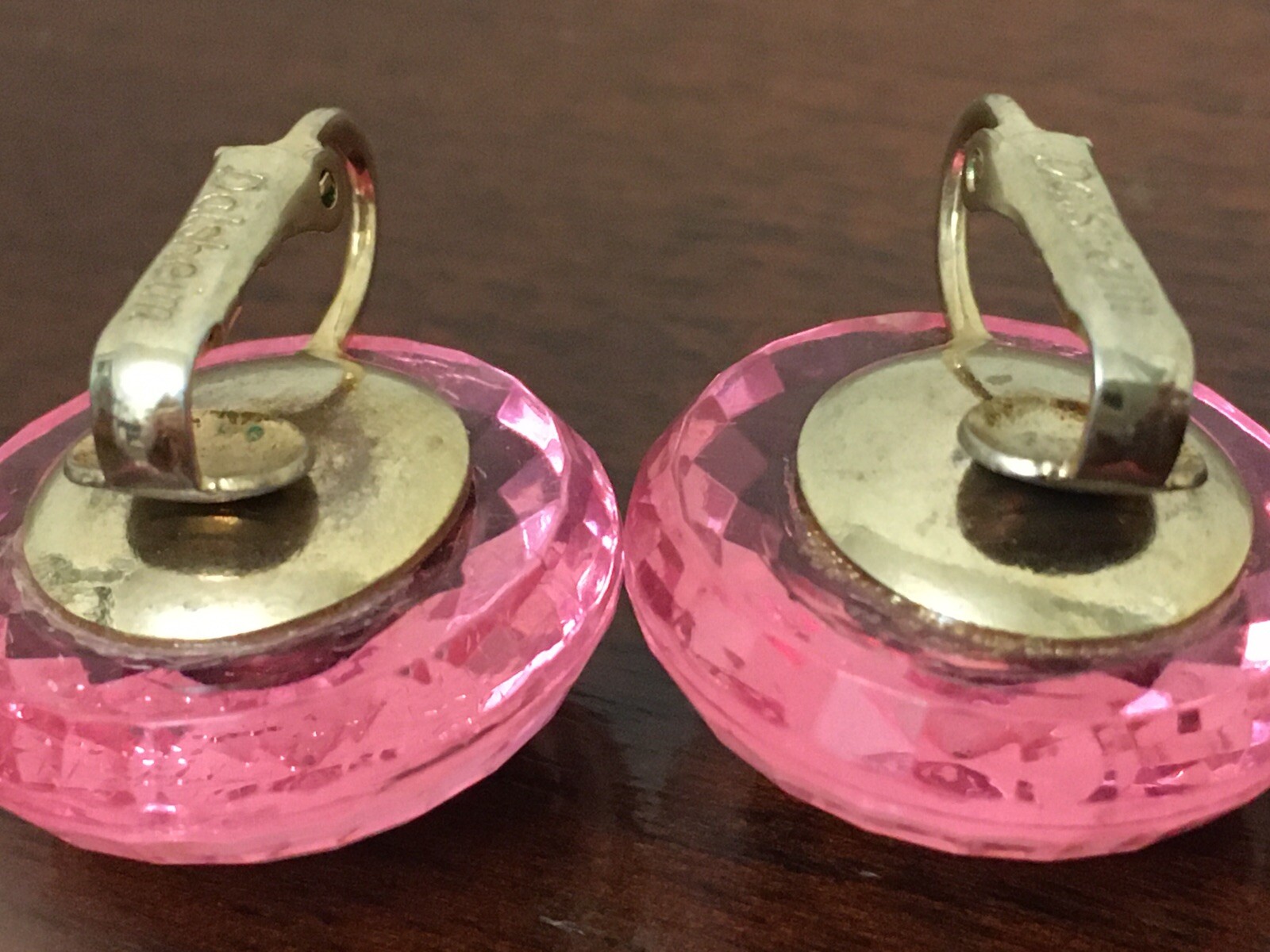 Vintage Dalshelm Earrings Pink Acrylic Plastic Faceted Gem Gold Tone Clip Ons