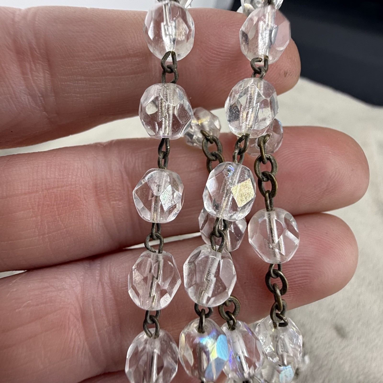 Vintage Rosary Necklace Clear Faceted Glass Silver Tone 28”