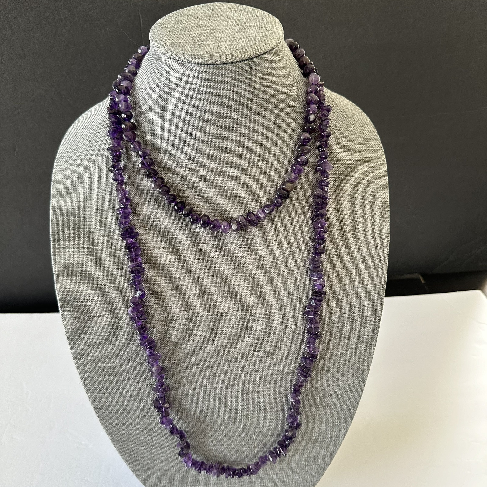 Polished Gem Amethyst Chips 34″ Necklace & Beaded Knotted 18″ Amethyst Necklace