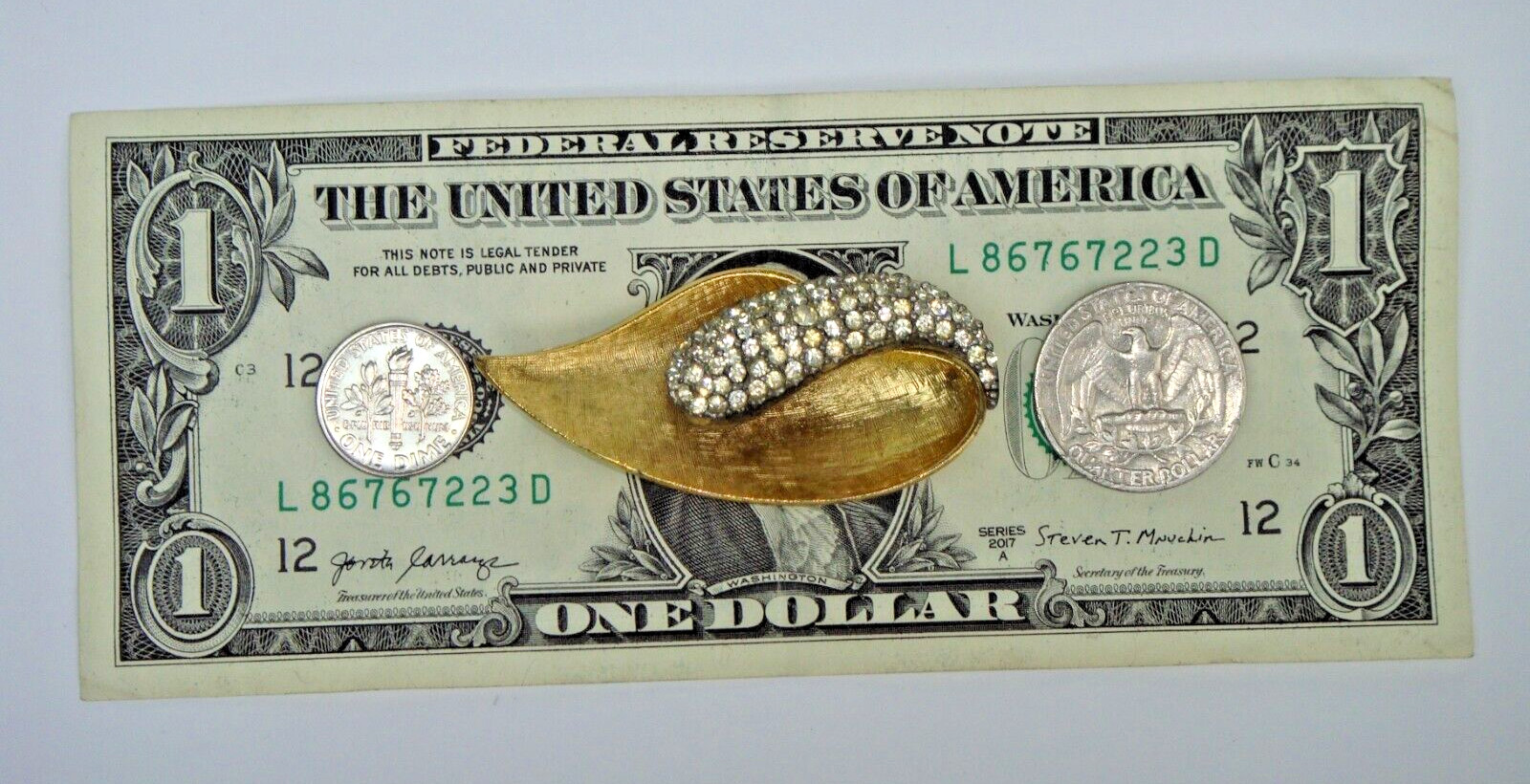 Leaf Pin-Brooch Brushed Yellow Gold-Tone with Crystal Rhinestones Signed B.S.K.