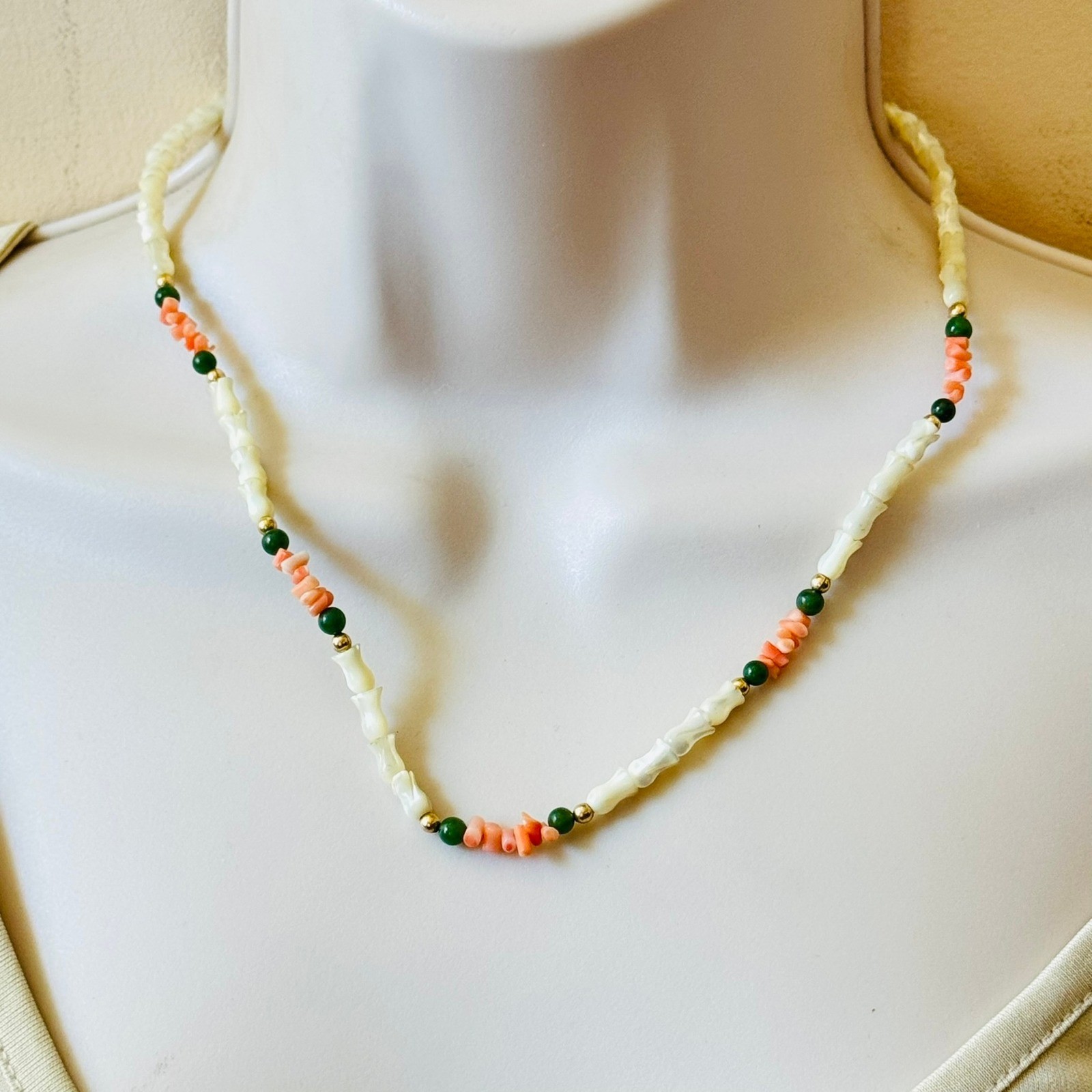 VTG Floral Coral Necklace Mother Of Pearl Jade Genuine Beads Carved Gold Filled