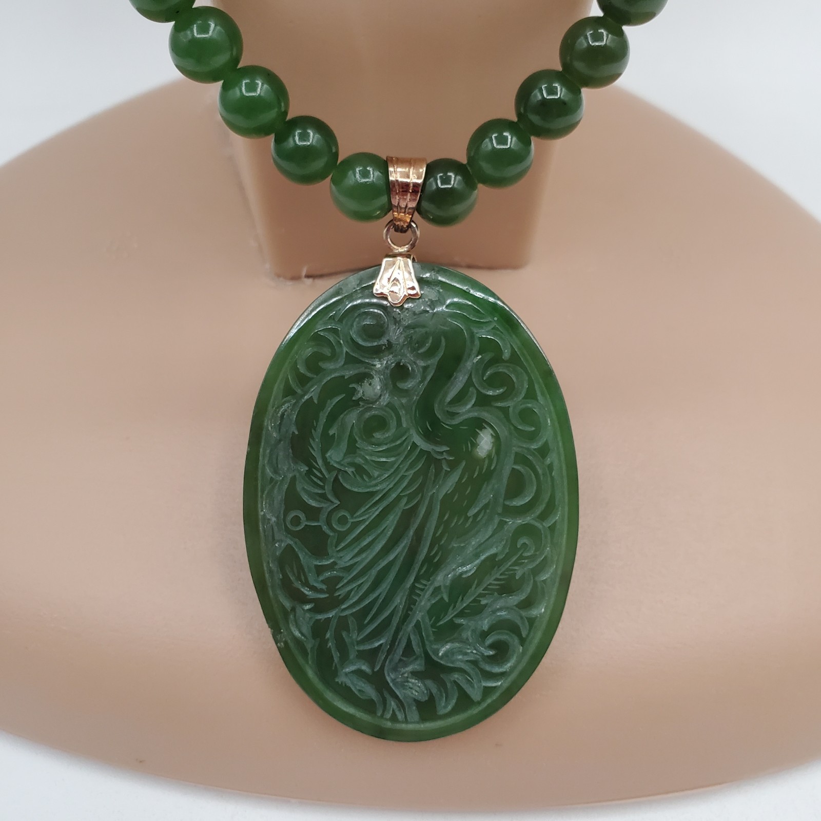 VTG 925 Spinach Jade Crane Dragon Pendant 24in Bead Necklace Carved Reversible