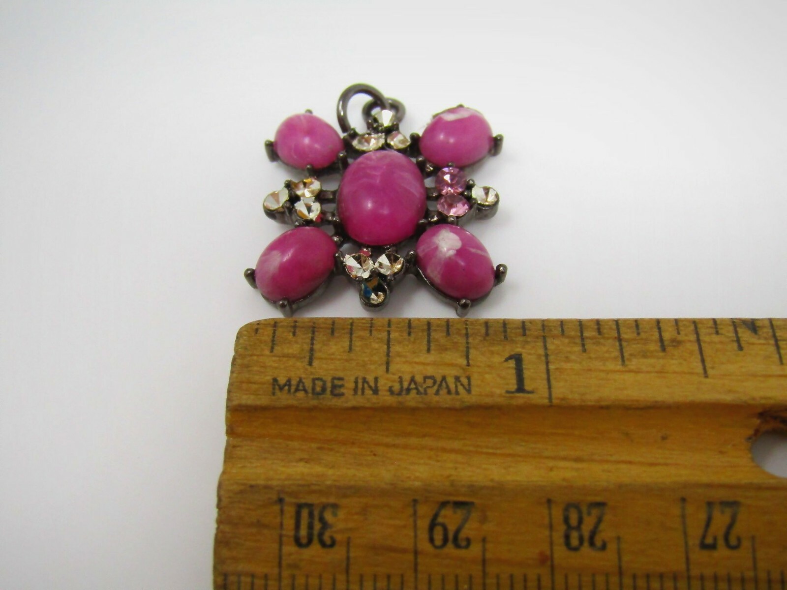 Vintage Pink Marbled Glass Flower Pendant Rhinestone Accent Gunmetal Tone