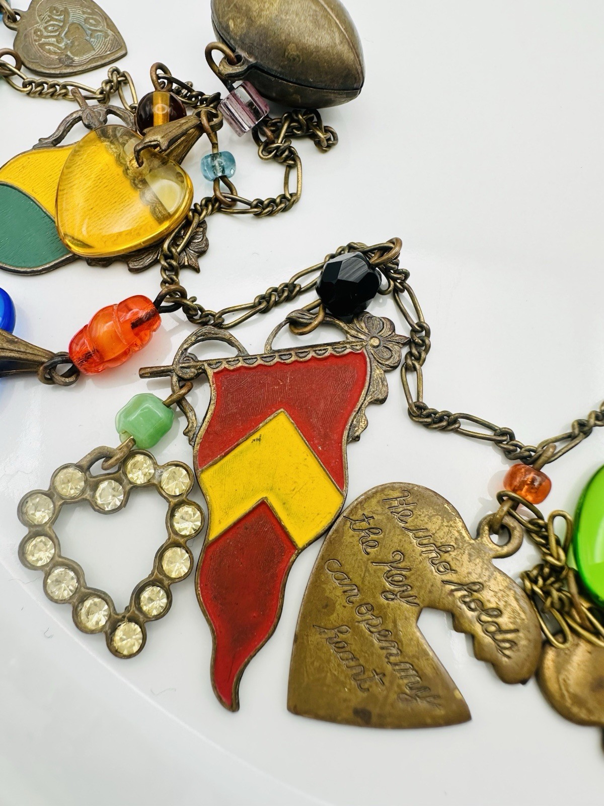Vintage Glass Works Studio Flag Motifs Heart Glass Charms Multi Colors Necklace