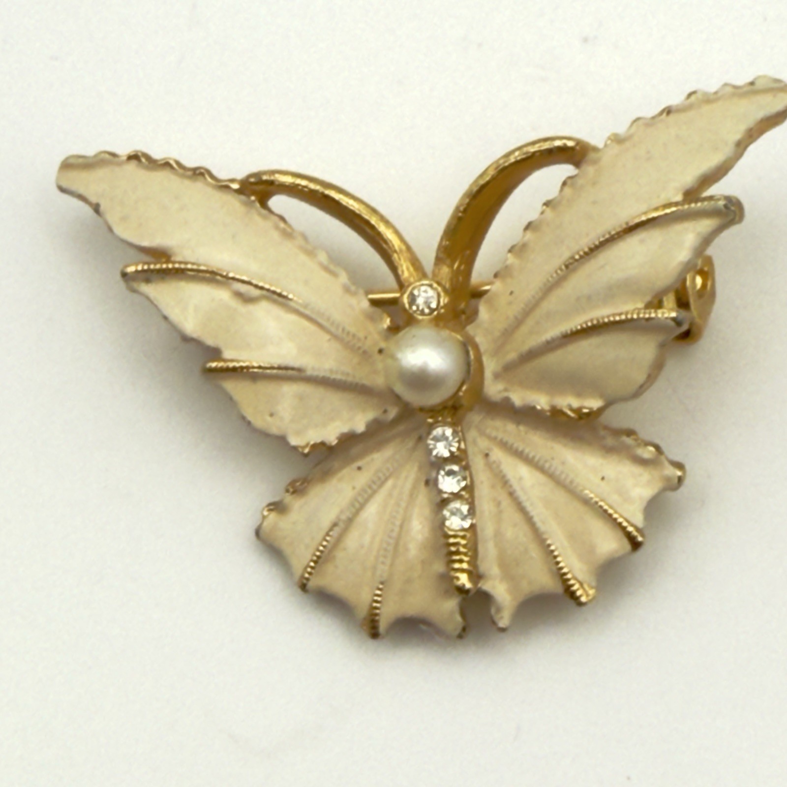 Vintage Butterfly Rhinestone Brooch Cream Enamel Faux Pearl Gold Tone