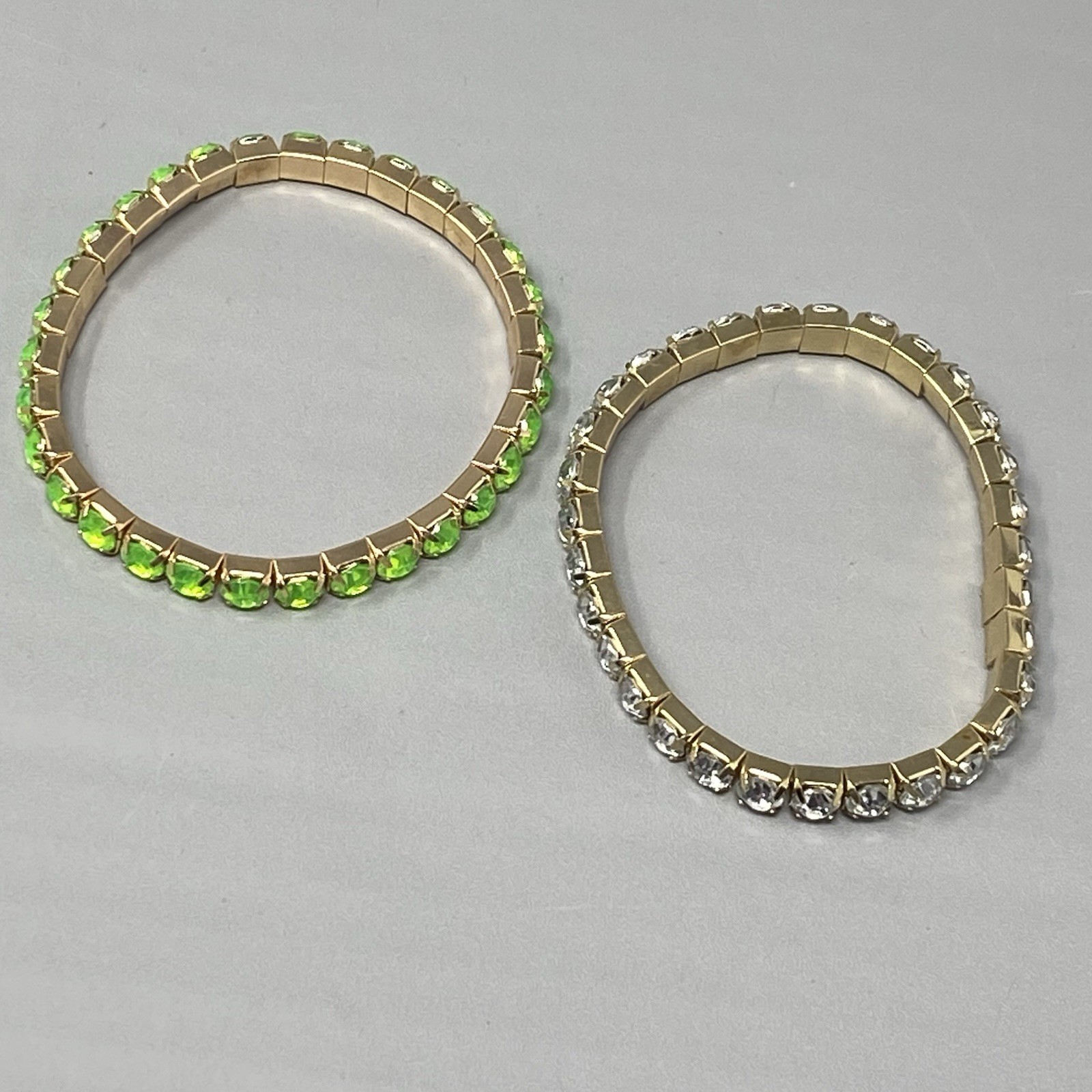 Rhinestone Stretch Bracelet Lime Green Clear Acrylic Prong Set Gold Tone 7″