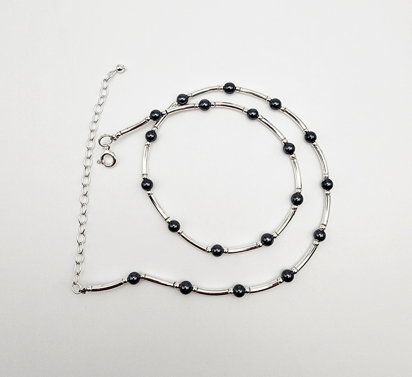 Vintage Sterling Silver Hematite Beaded Necklace 18″ Long 4.25mm Wide