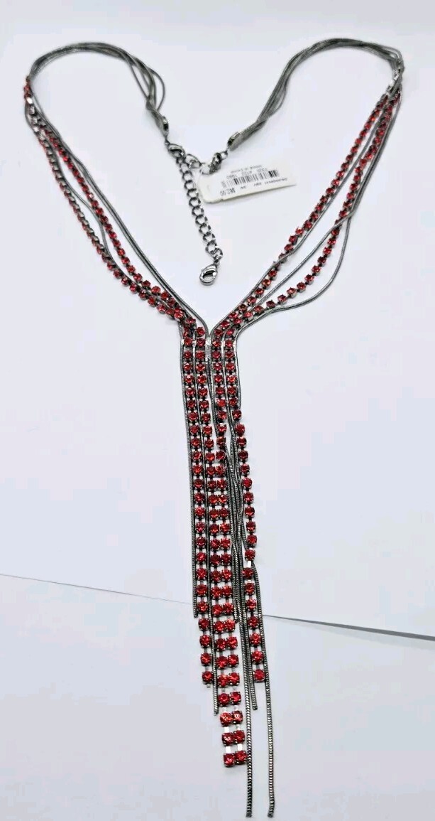 Red & Black Crystal Necklace Fringe Tie Gunmetal Statement 27 in Layered Alfani
