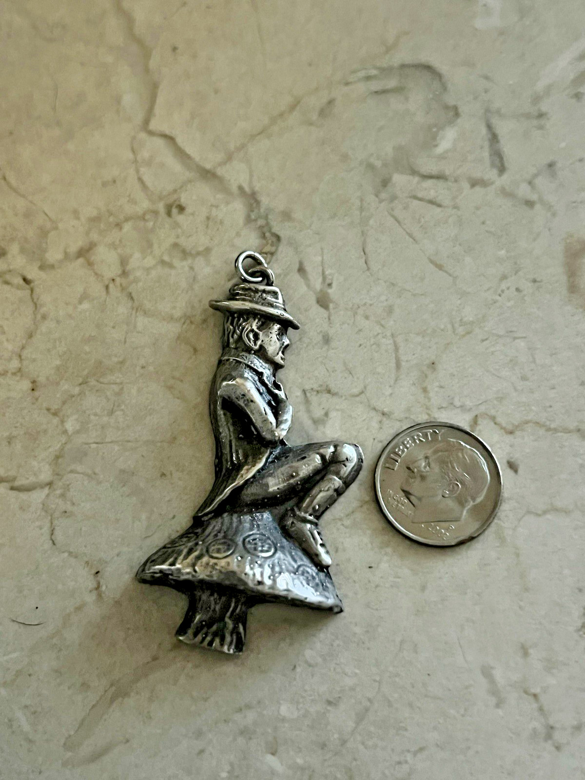 Vintage Sterling 925 Ornate Leprechaun Sitting on Toadstool Pendant 2 1/4″