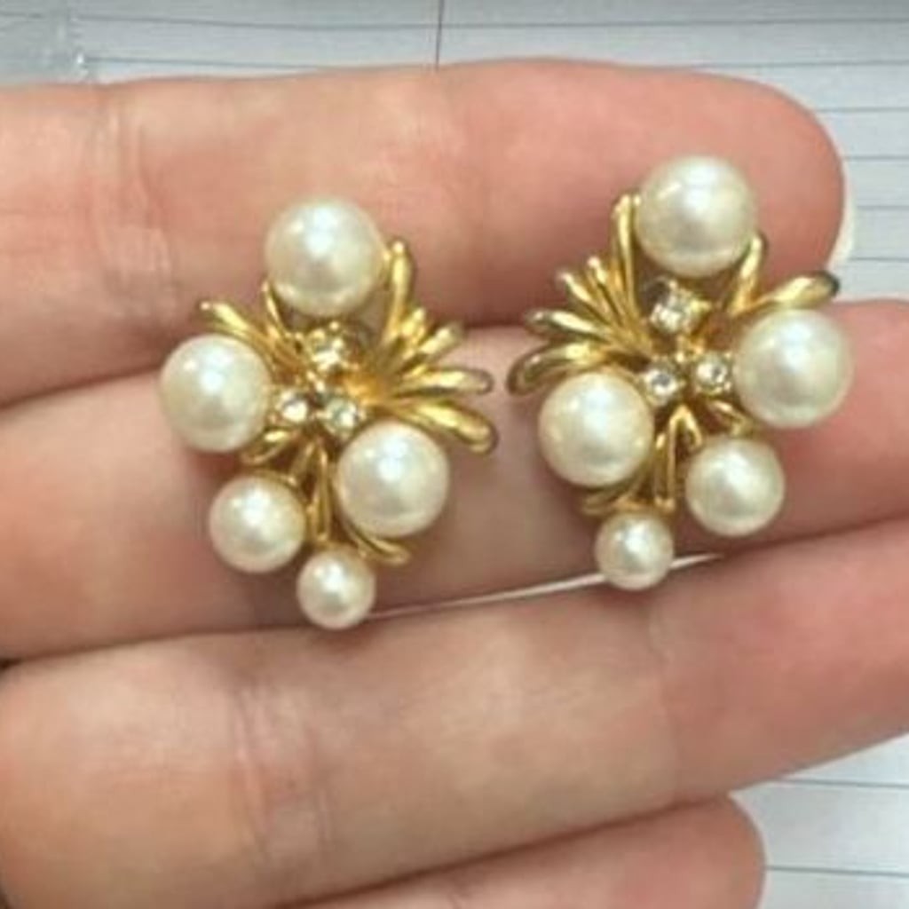 Vintage Gold Tone Faux Pearl and Rhinestone Cluster Stud Earrings