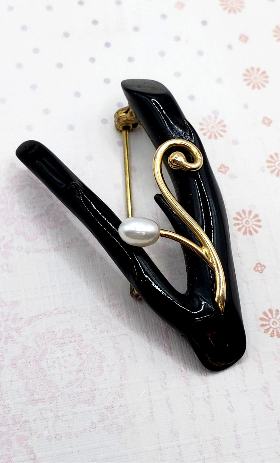 Vintage 14K Gold Pearl & Black Coral Branch Brooch & Earrings Set