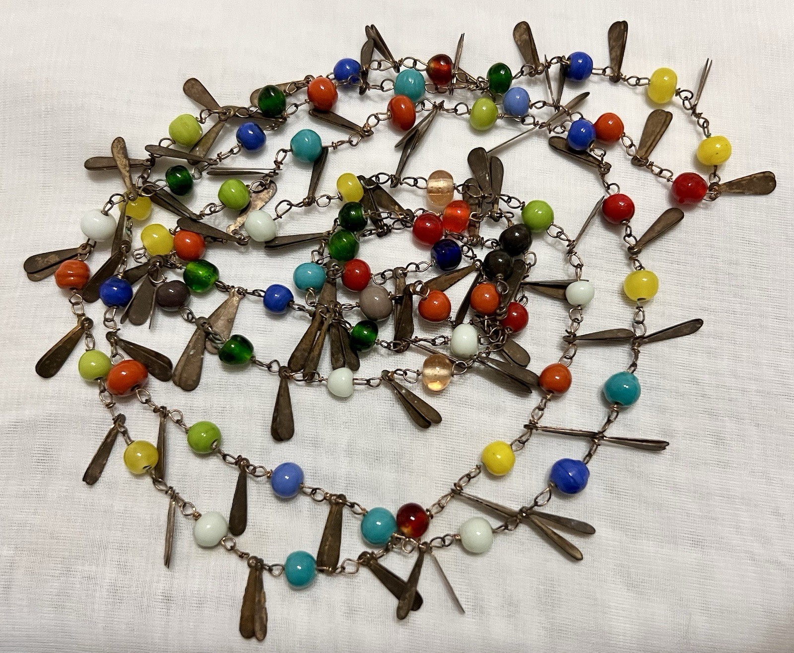 CZECH Flapper Length 54″ ART GLASS BEAD & TEARDROP METAL TAG Necklace VINTAGE