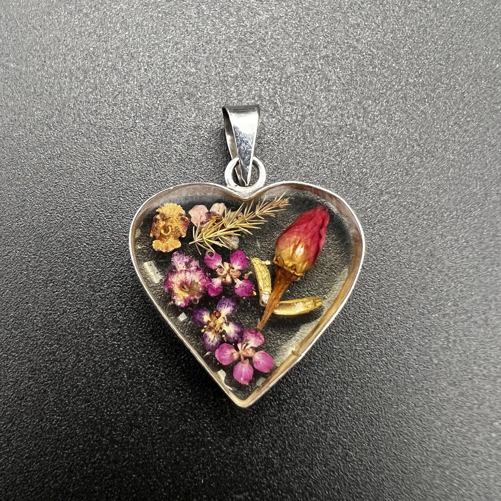 Vintage ATI Mexico Sterling Silver Dried Flowers In Resin Heart Pendant Signed