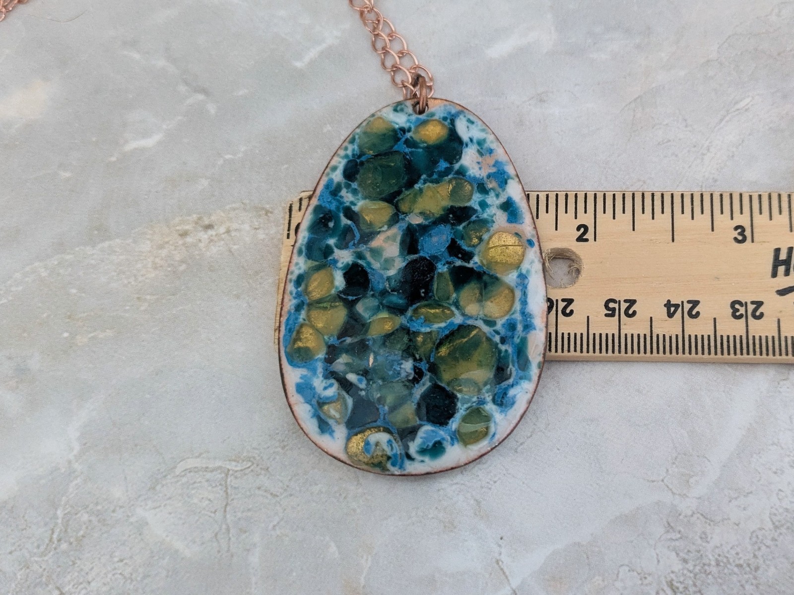 Vintage Enamel on Copper Turquoise Pendant Necklace, Mid Century Modern, 2.5″