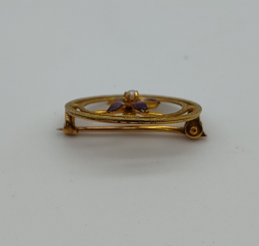 Vintage 10K Yellow Gold Circle Blue Flower Purple Violet Pearl Brooch Pin Lapel