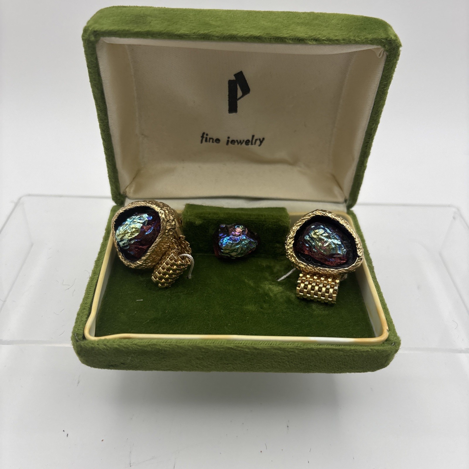 Vtg~Hadley~Goldtone Mesh Wrap Around Cufflinks & Tie Tack~Rainbow Lava~IOB