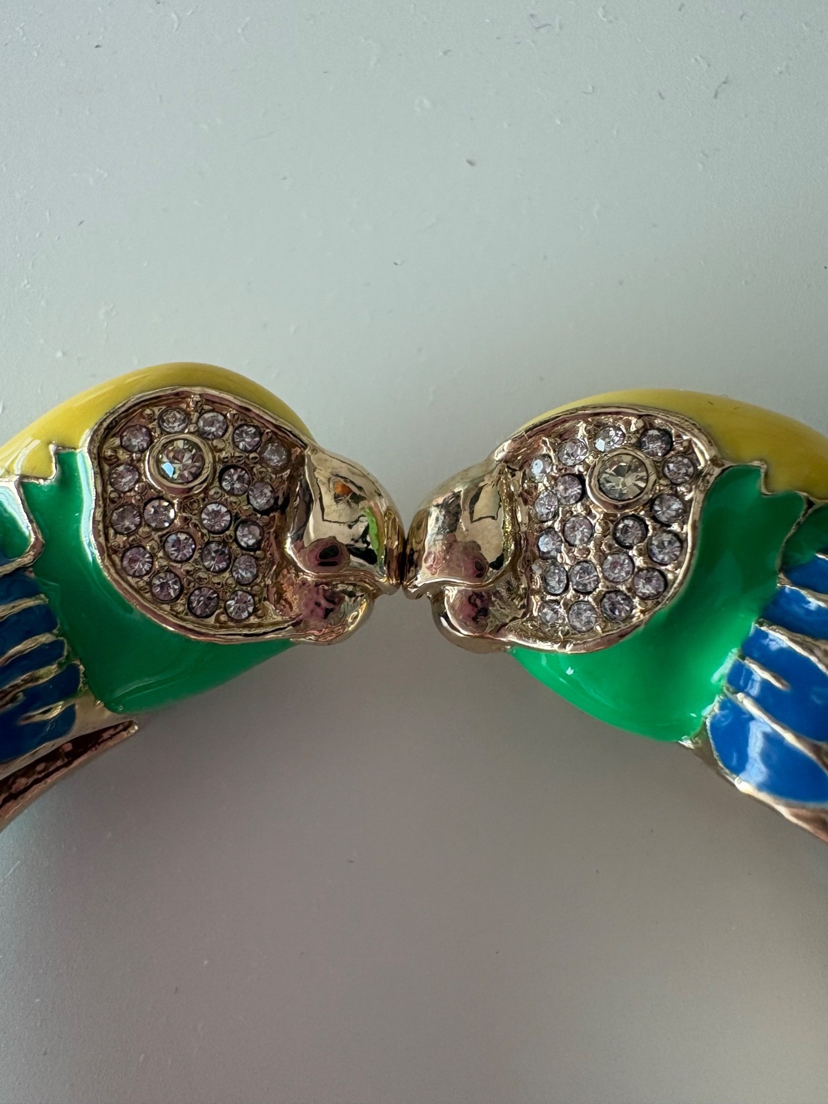 Gold Tone Kissing Parrot Birds Enamel Bracelet Cuff Blue Green Yellow