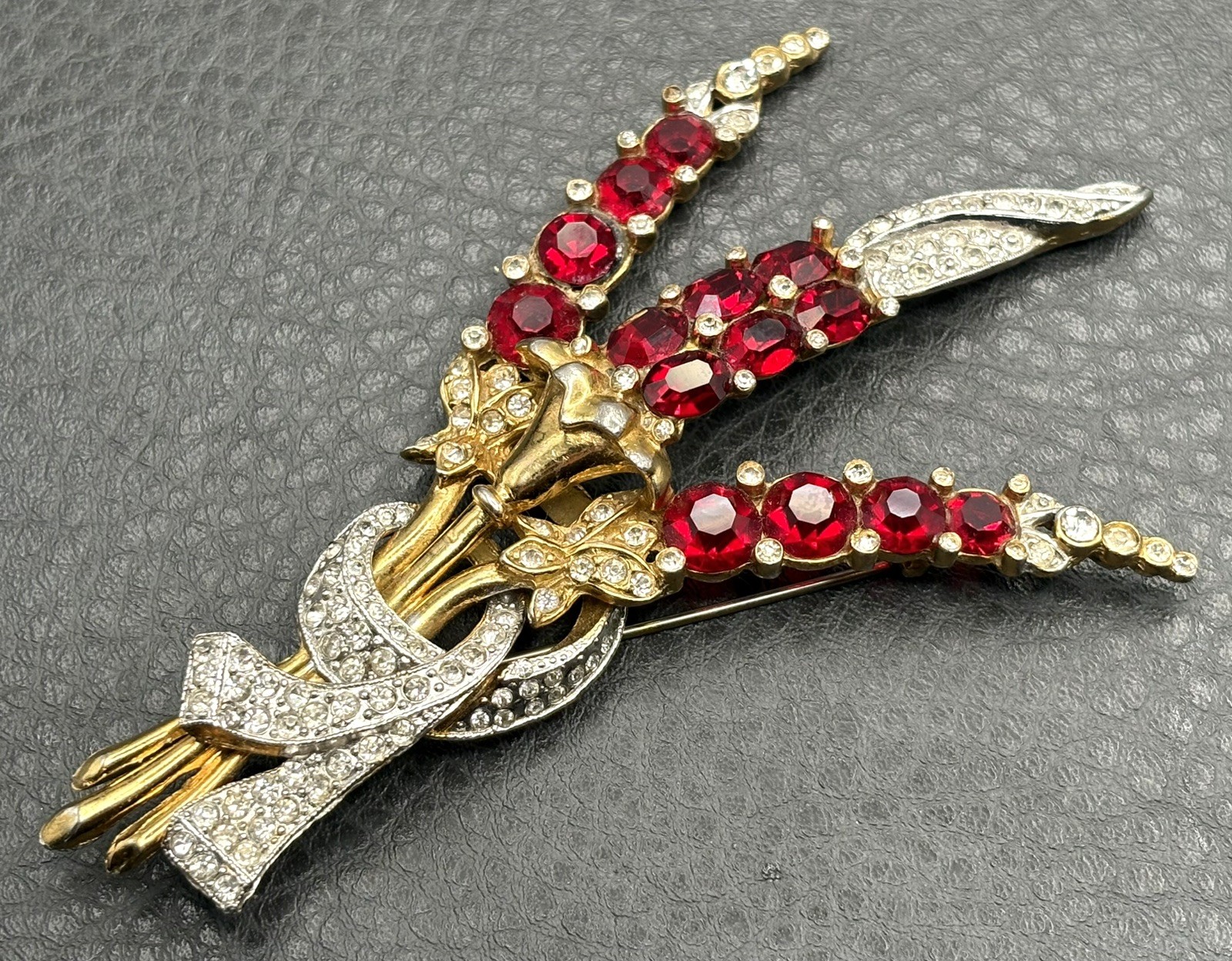 HUGE 4.5” Figural Red Rhinestone Gold Plated Pot Metal Flower Bouquet Brooch