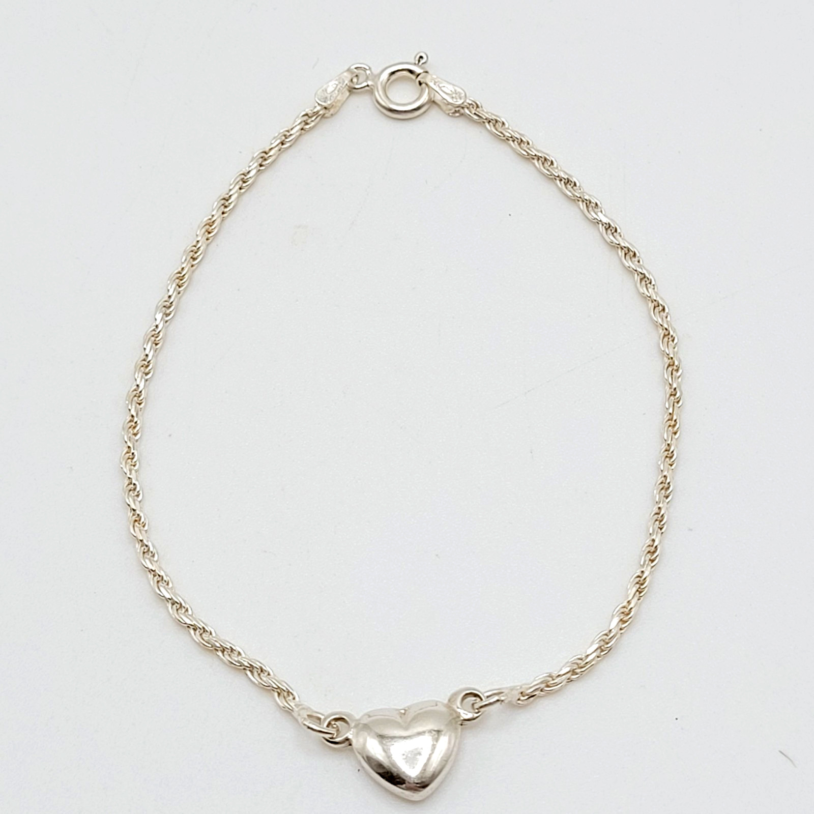 Minimalist Dainty Puffed Heart Station 925 Sterling Rope Chain Bracelet 7.25 in