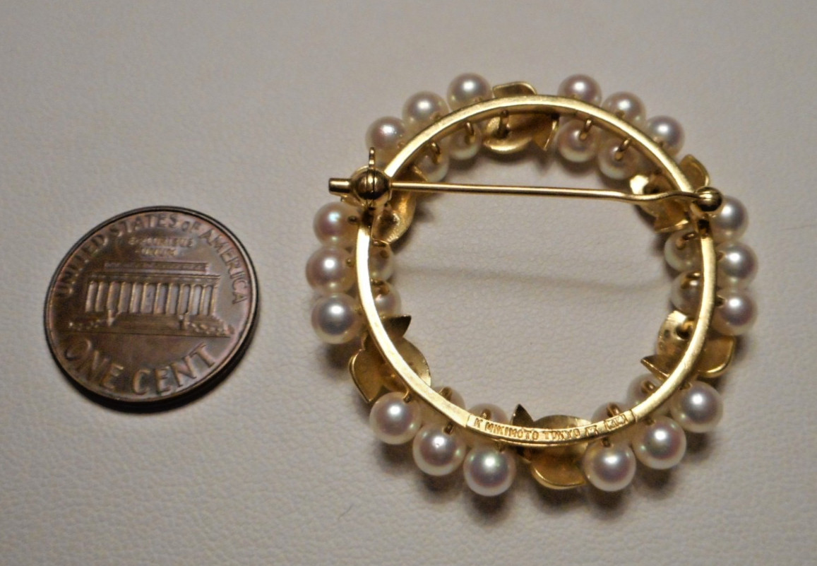 Early Signed K Mikimoto Tokyo 14K Gold Cultured Pearl Leafy Circle Brooch 10.4g