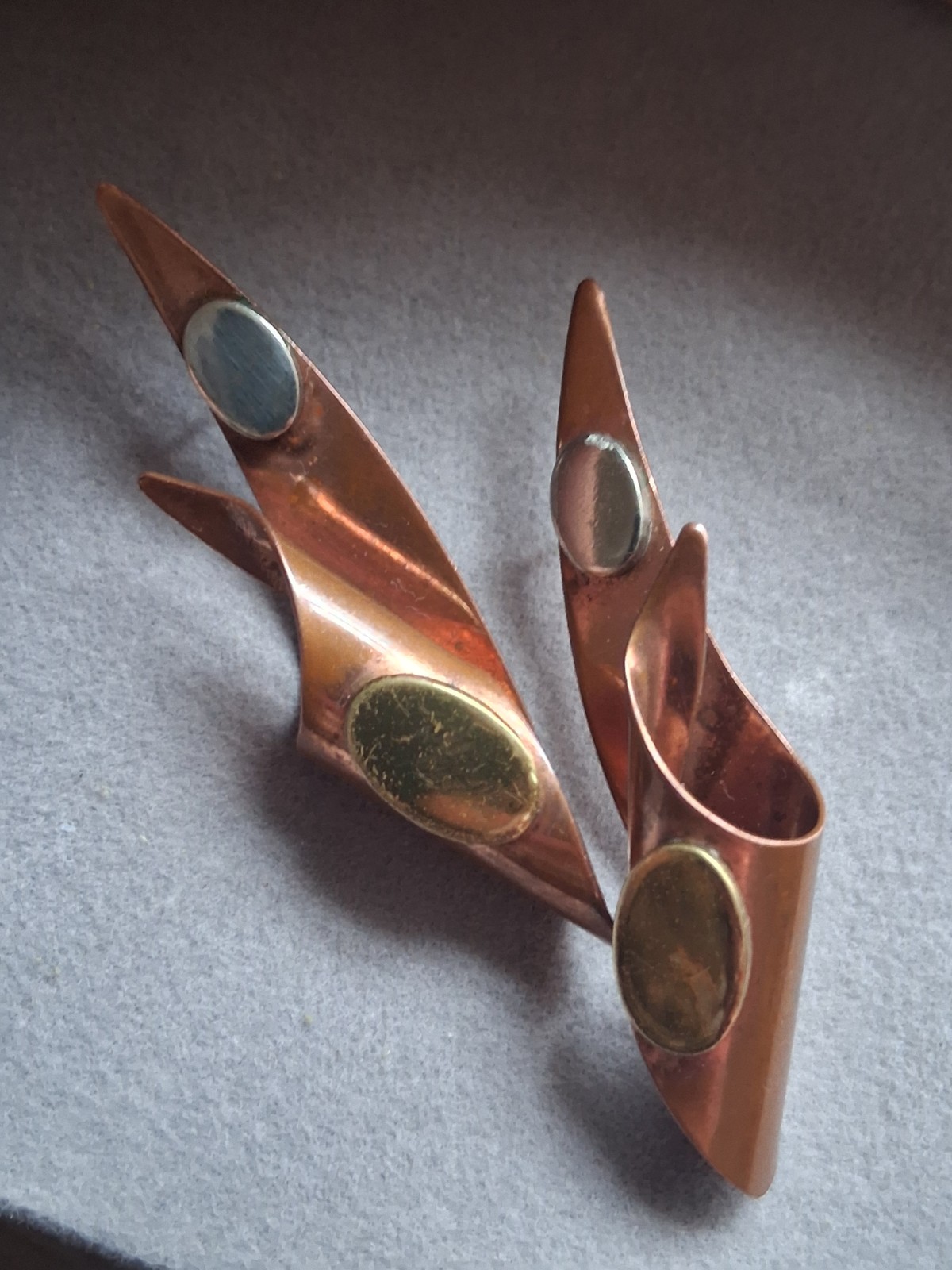 Mid century modern MCM copper abstract mixed metal large earrings