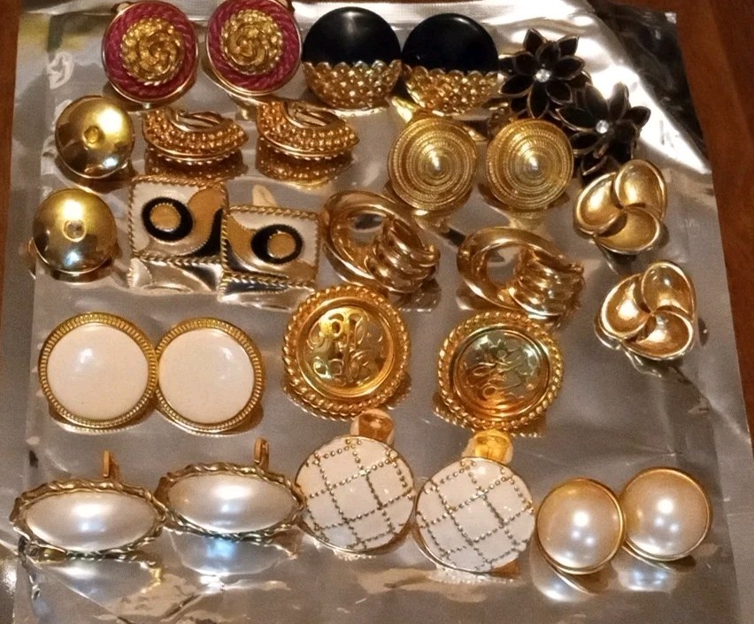 Vintage Big Chunky Gold Tone Statement Earrings Lot Clip On Enamel Rhinestone EC