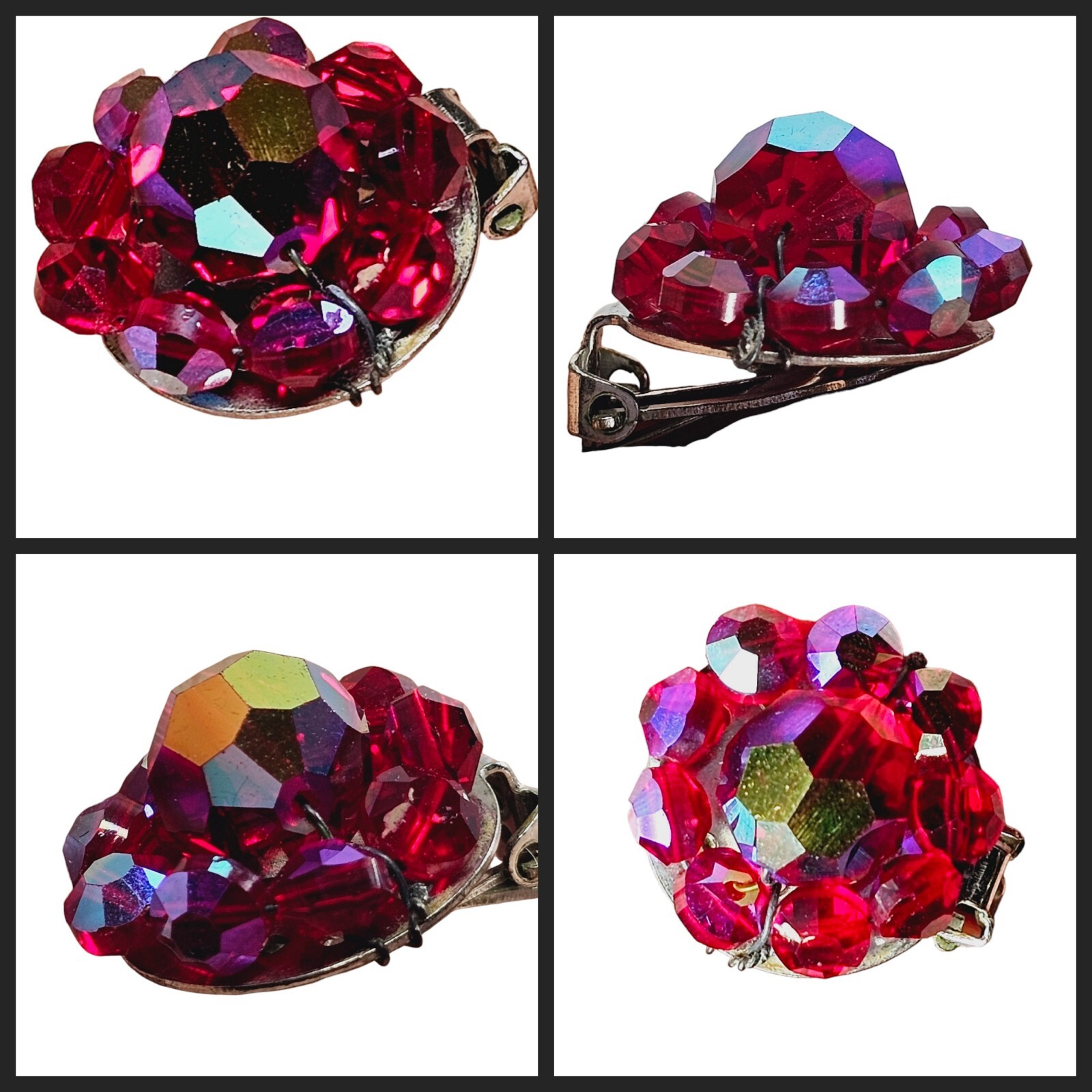 2 Pairs Vtg Aurora Borealis Iridescent Crystal Bead Cluster Clip Earrings 1 Red