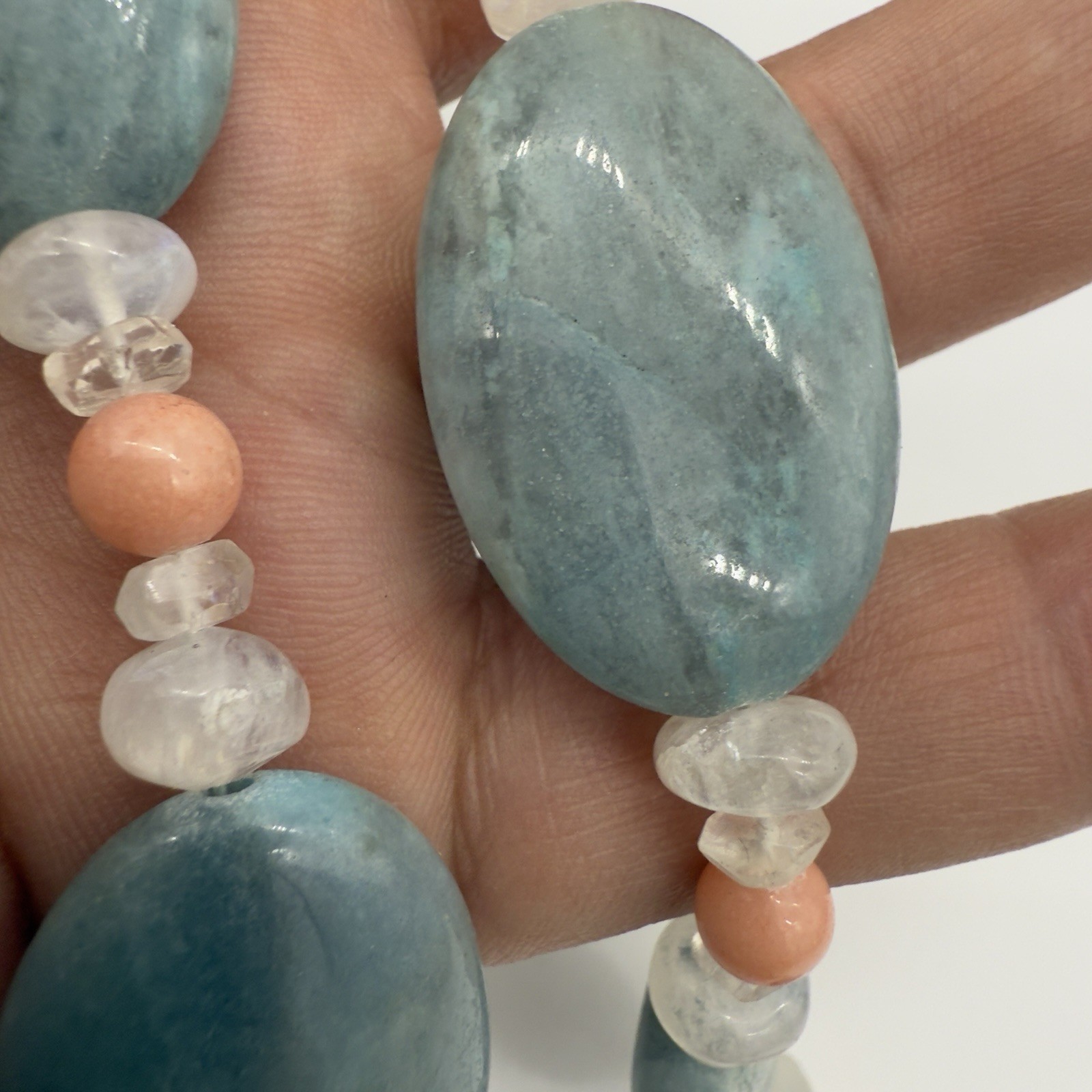 Vtg Sterling Carved Rock Crystal Necklace Angel Skin Coral Moonstone WOW
