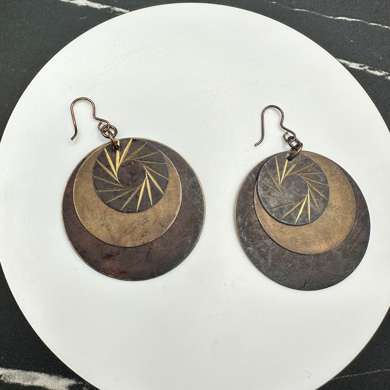 Vintage Brown Copper Layered Eyes shape Disks Dangle Earrings with 3 Disks 2 in