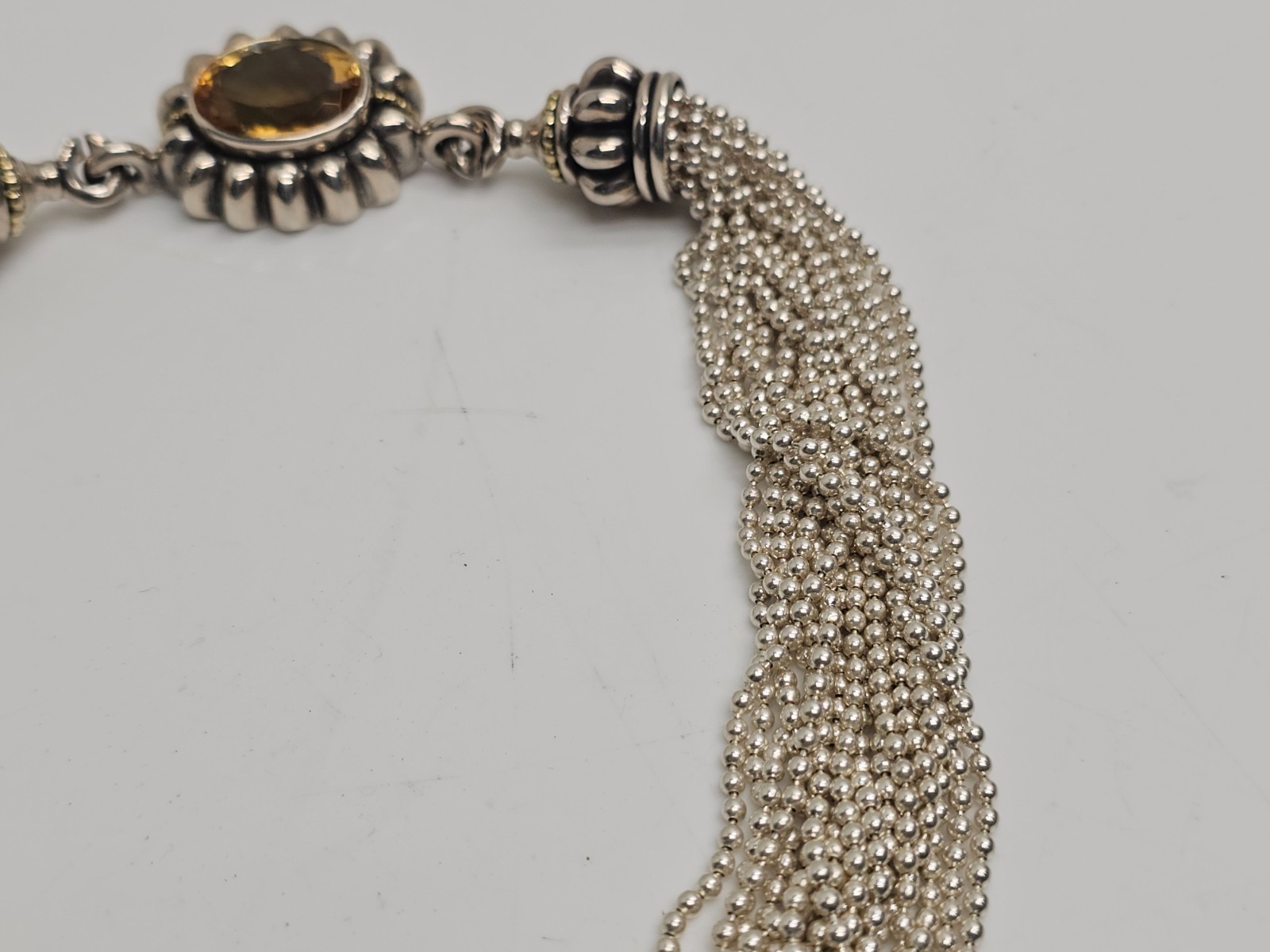 Multi Strand Silver 925 Bead Necklace Amber Glass Front Clasp Statement 17.5 in
