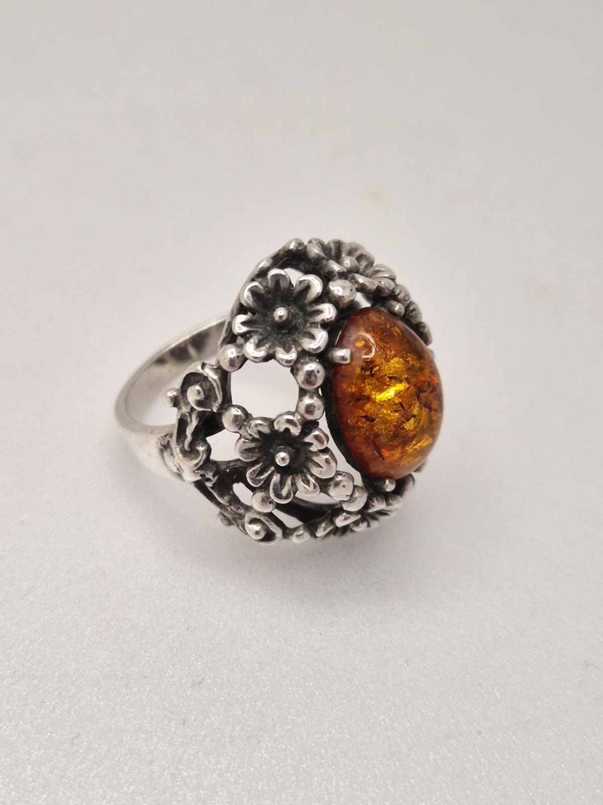 Vintage silver amber floral design ring (following N.E.From)