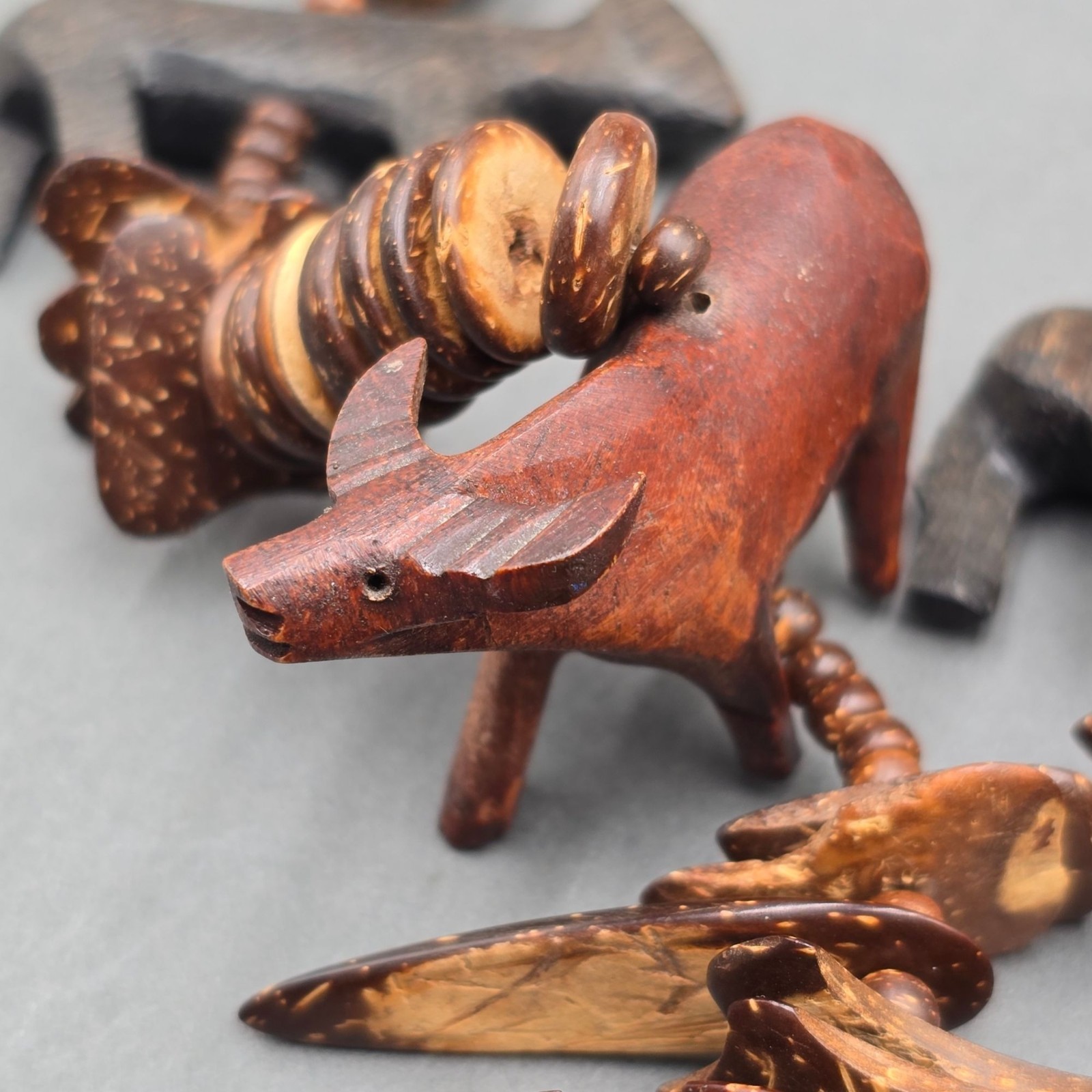 Vintage Tribal Wood Animal Necklace 26″ Brutalist Hand Carved Statement Piece