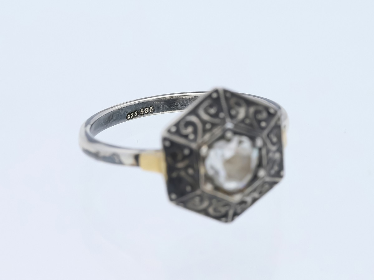 Antique Solitaire Ring 0.35ct. Brilliant diamond 925 silver 585 gold detail j…
