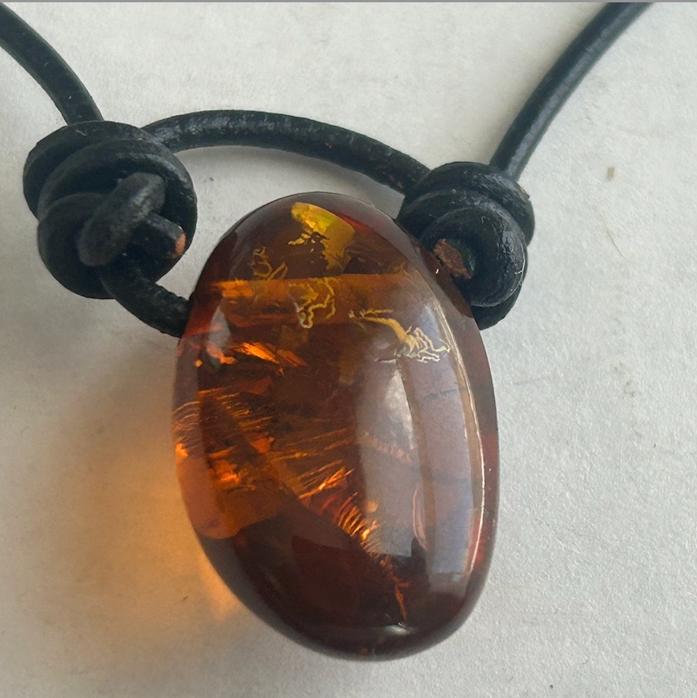 Baltic Cognac Honey Amber Teardrop Pendant Necklace Black Leather Cord