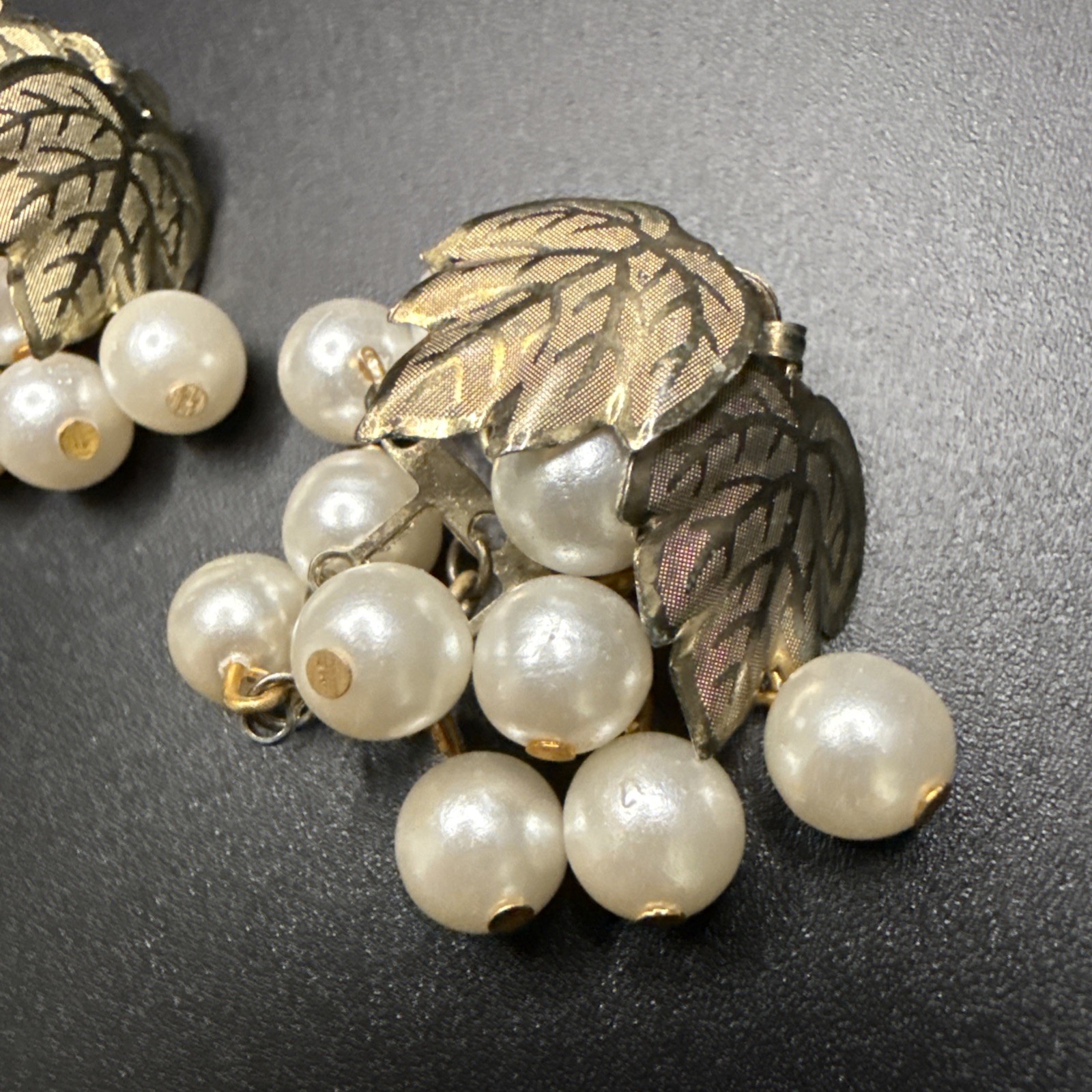 2 Vtg Gold Tone Dangling Grape Clusters ~ Brooch Pin Faux Pearls Pendants