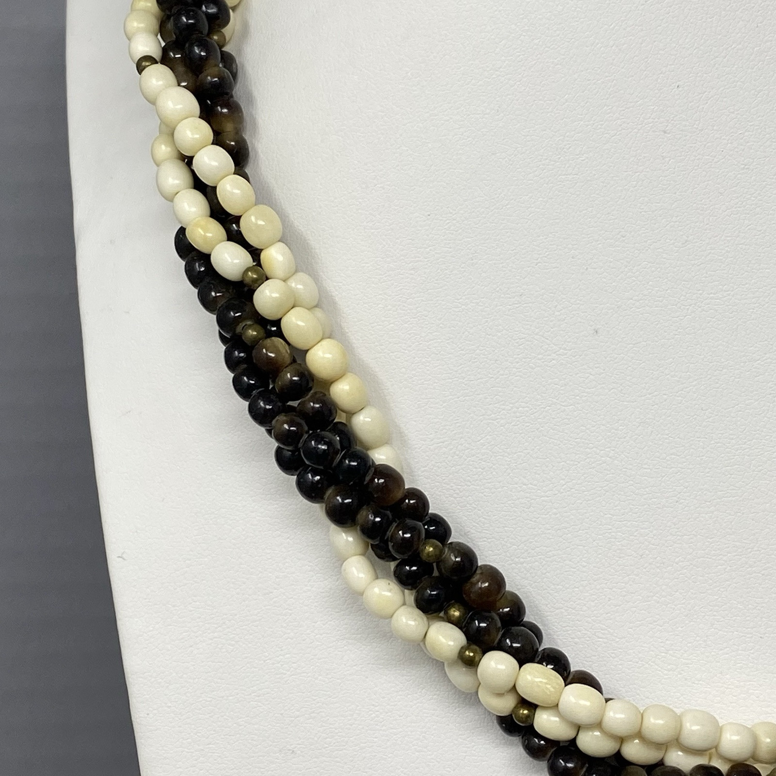 Torsade Twist Necklace Brown White Beads Glass Shell Beach Bohemian Collar 22″