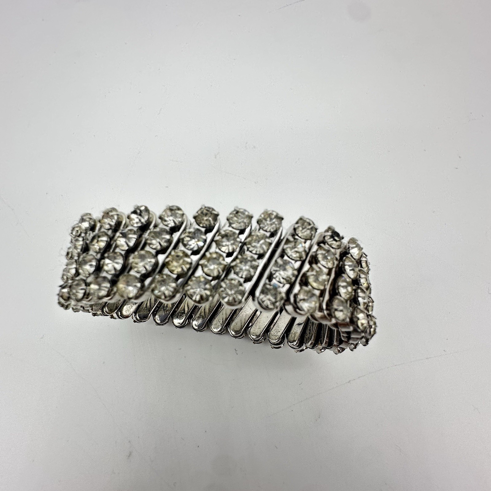 Vtg 40s Expansion Bracelet Accordion Silver Tone Rhinestone Sweetheart Style