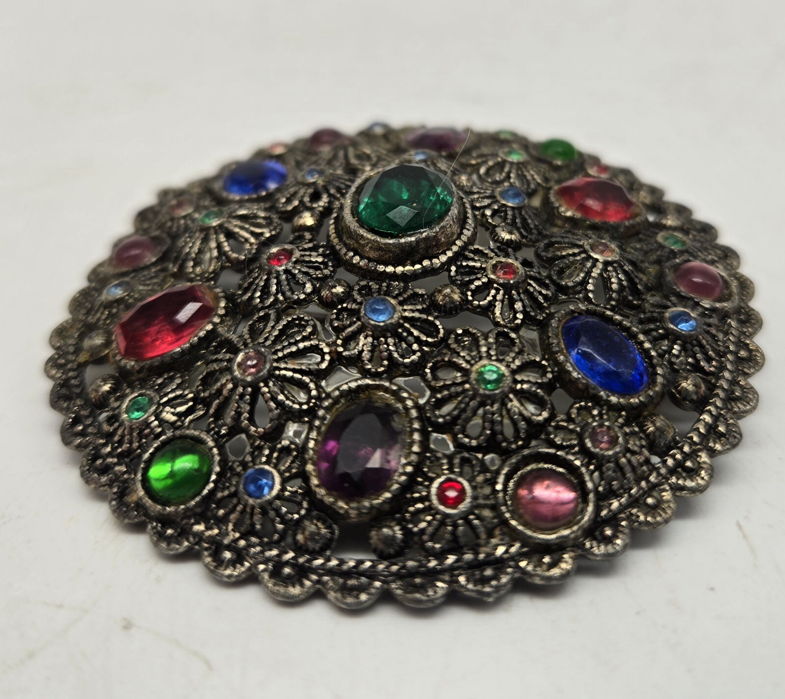 Antique New England Glass Works Rhinestone Brooch Filigree Vtg Signed Goblet