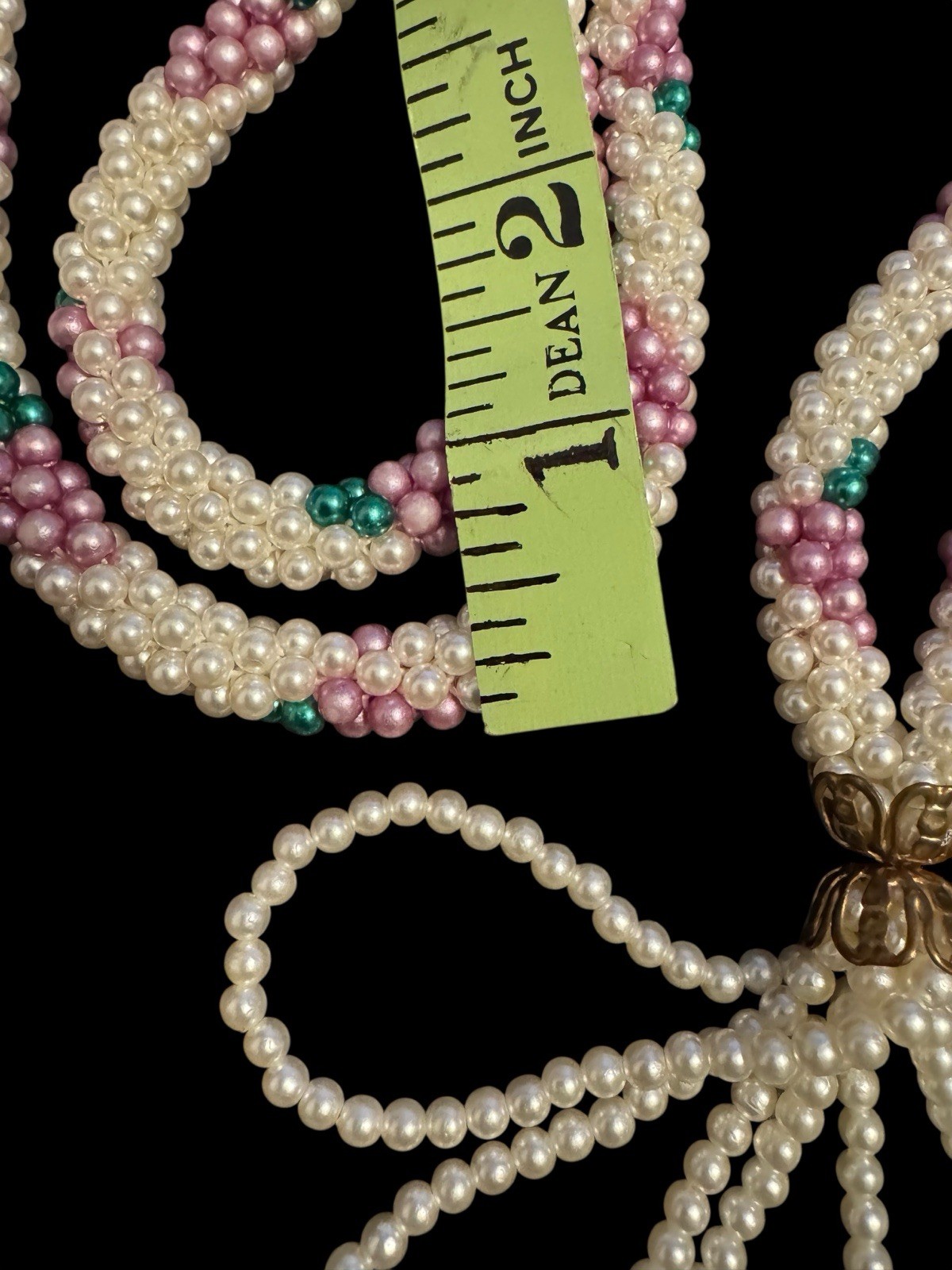 1960s Woven Faux Pearl Bead Flapper 32″ Necklace W Tassel Purple Green White BN1