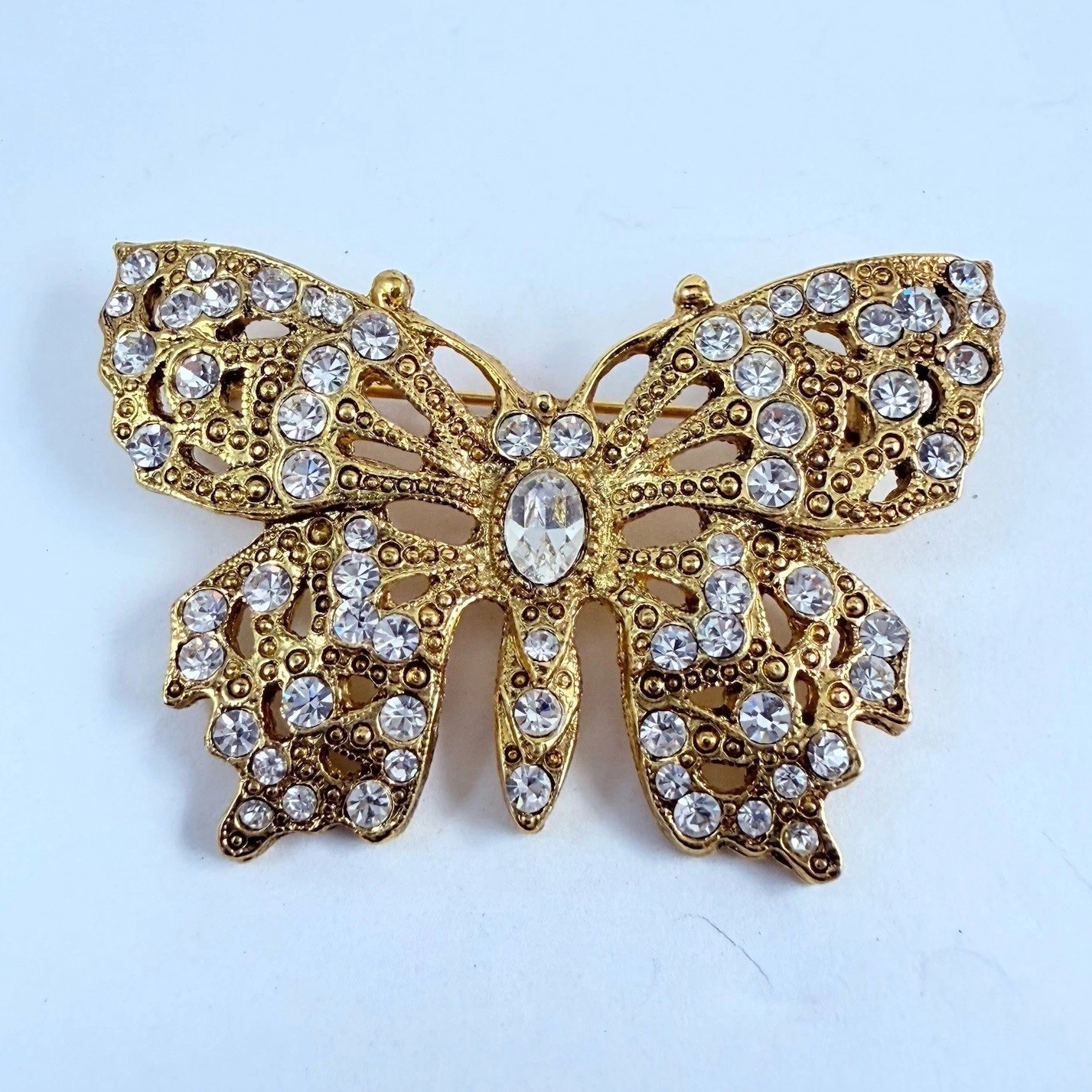Vintage 1928 Brand Rhinestone Butterfly Brooch Gold Tone Pin