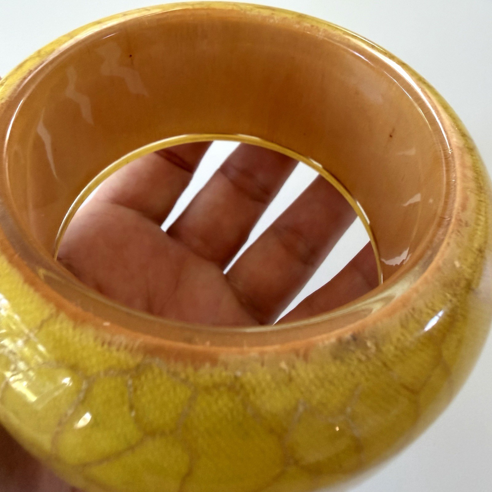 Vintage Yellow Crackle Glaze Bangle Bracelet Wide Ceramic Encased Wood Boho