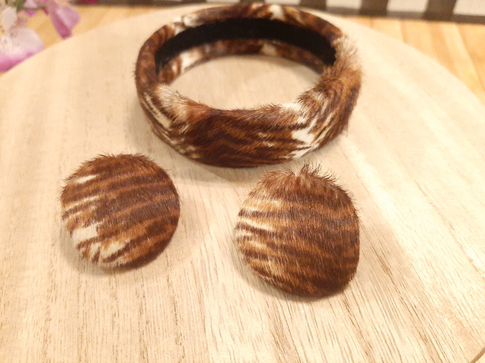 Vintage Faux Fur Animal Print Earrings & Bracelet Set ~ Brown & White Stripes