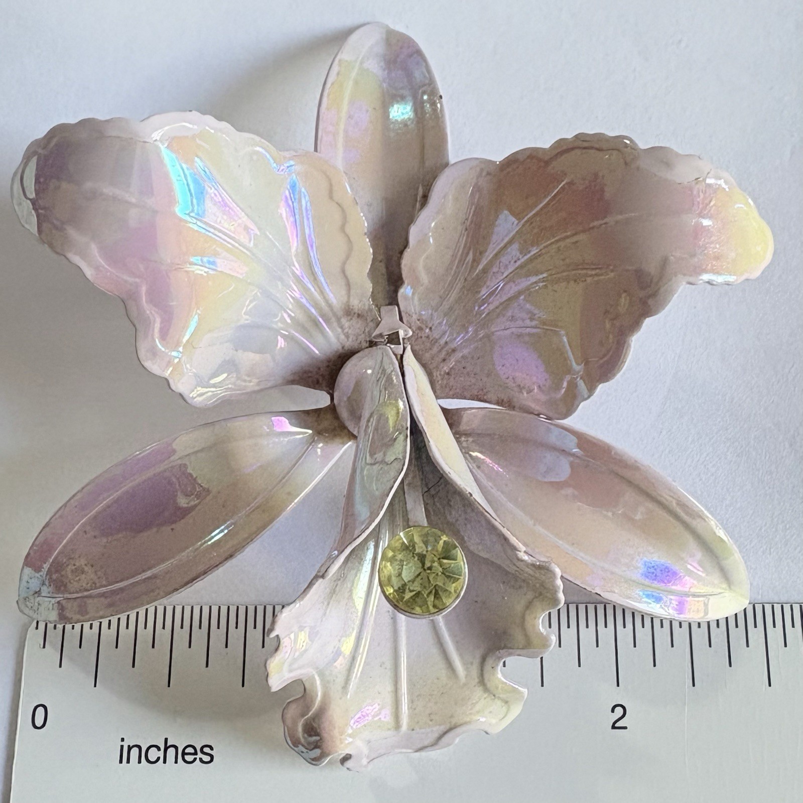 Vtg Flower Power Orchid Brooch Iridescent Lilac Purple Enamel Rhinestone PinREAD